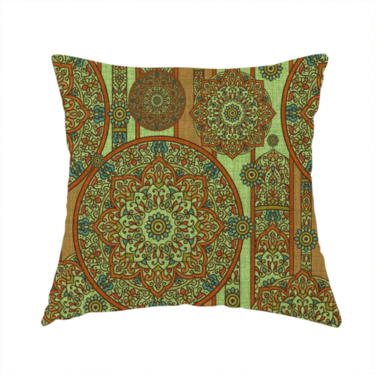 The fabric used to create this handmade cushion is a ornate, global-inspired textile pattern that combines structured vertical stripes with intricate circular motifs.