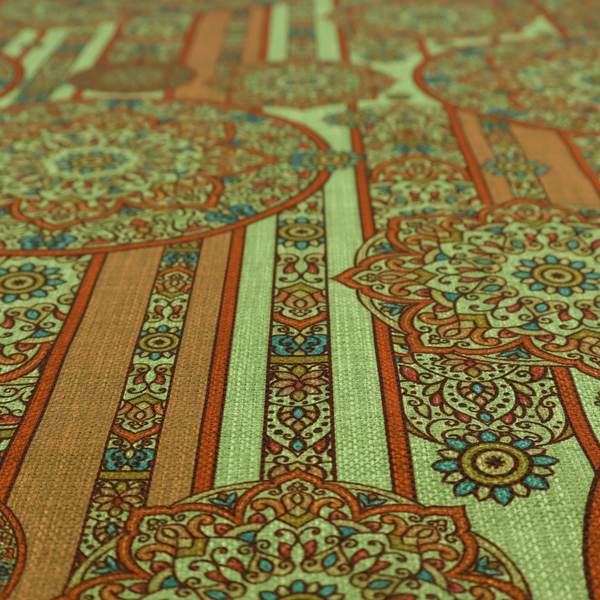 An ornate, global-inspired textile pattern that combines structured vertical stripes with intricate circular motifs.