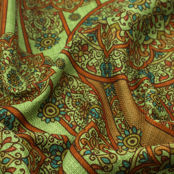 An ornate, global-inspired textile pattern that combines structured vertical stripes with intricate circular motifs.