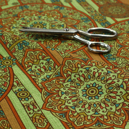 An ornate, global-inspired textile pattern that combines structured vertical stripes with intricate circular motifs.