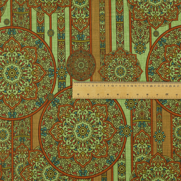 An ornate, global-inspired textile pattern that combines structured vertical stripes with intricate circular motifs.