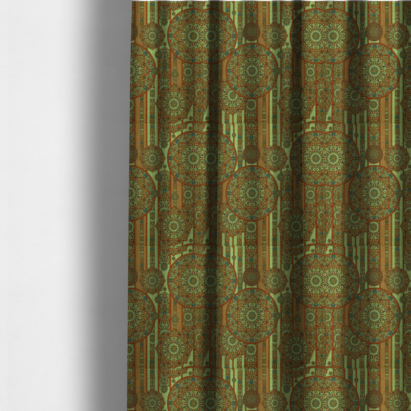 The fabric used to create these made-to-measure curtains is a ornate, global-inspired textile pattern that combines structured vertical stripes with intricate circular motifs.