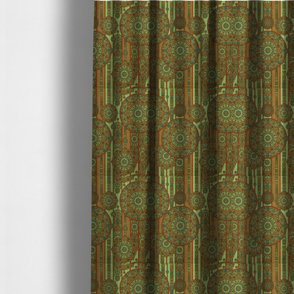 The fabric used to create these made-to-measure curtains is a ornate, global-inspired textile pattern that combines structured vertical stripes with intricate circular motifs.