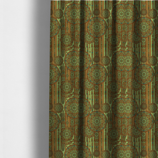 The fabric used to create these made-to-measure curtains is a ornate, global-inspired textile pattern that combines structured vertical stripes with intricate circular motifs.