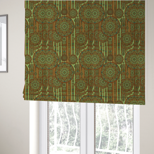 The fabric used to create these Roman blinds is a ornate, global-inspired textile pattern that combines structured vertical stripes with intricate circular motifs.