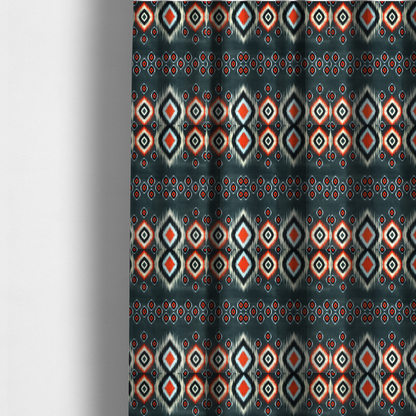 The fabric used to create these made-to-measure curtains is a bold, high-contrast Ikat textile pattern with a modern tribal aesthetic.
