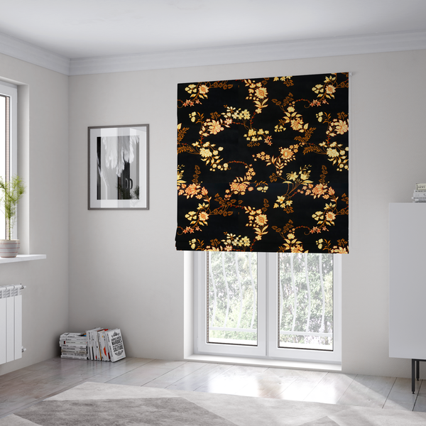 The fabric used to create these Roman blinds is a classic, elegant floral trail pattern with a sophisticated Chinoiseries or traditional botanical aesthetic.