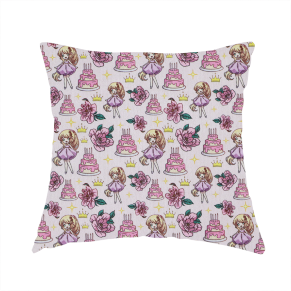 The fabric used to create this handmade cushion is a sweet, celebratory juvenile pattern with a whimsical anime-inspired aesthetic.