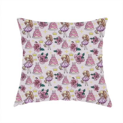 The fabric used to create this handmade cushion is a sweet, celebratory juvenile pattern with a whimsical anime-inspired aesthetic.