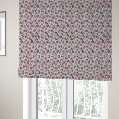 The fabric used to create these Roman blinds is a sweet, celebratory juvenile pattern with a whimsical anime-inspired aesthetic.