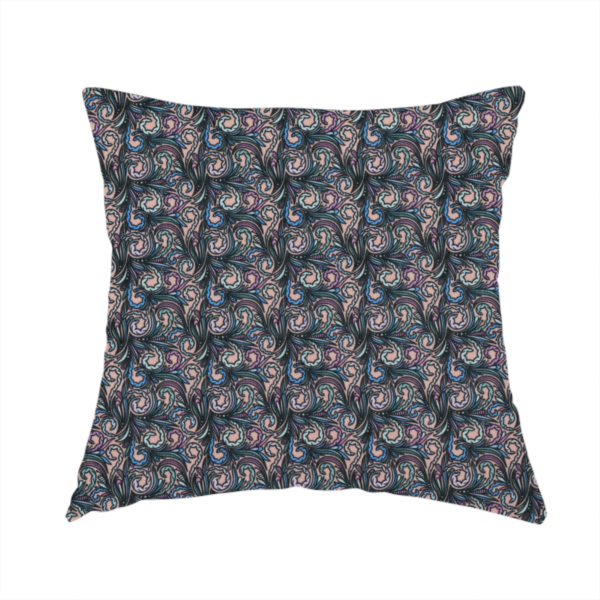 The fabric used to create this handmade cushion is a intricate, swirling floral pattern with a rhythmic, dense repeat that creates a sophisticated tapestry-like effect.