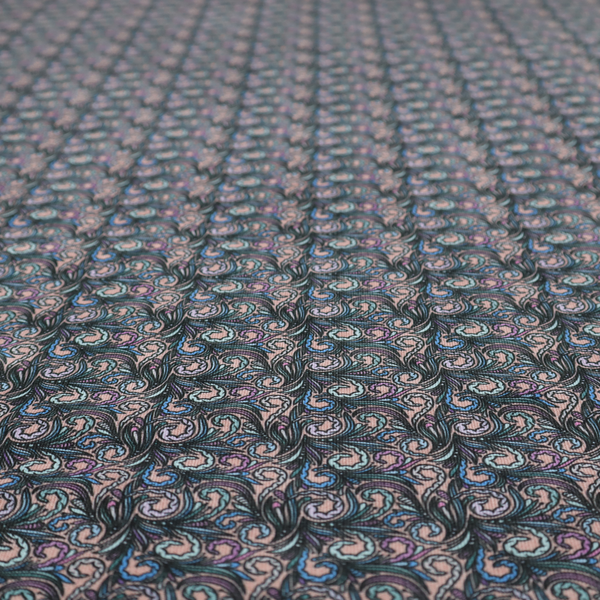 A intricate, swirling floral pattern with a rhythmic, dense repeat that creates a sophisticated tapestry-like effect.