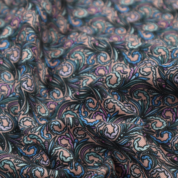 A intricate, swirling floral pattern with a rhythmic, dense repeat that creates a sophisticated tapestry-like effect.