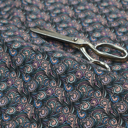 A intricate, swirling floral pattern with a rhythmic, dense repeat that creates a sophisticated tapestry-like effect.