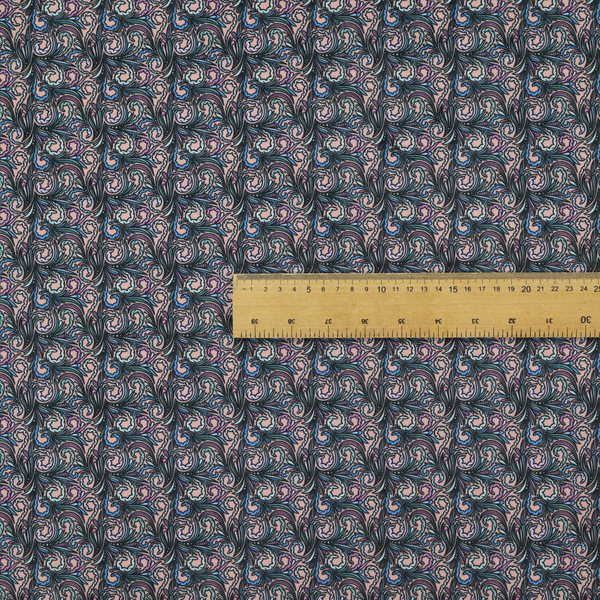 A intricate, swirling floral pattern with a rhythmic, dense repeat that creates a sophisticated tapestry-like effect.