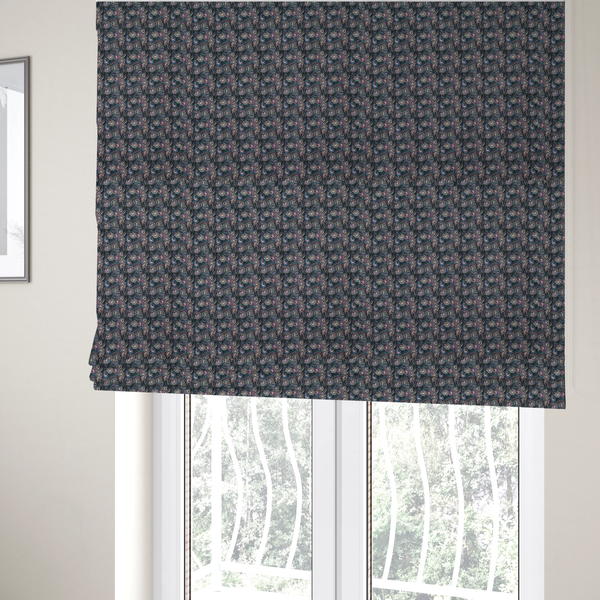 The fabric used to create these Roman blinds is a intricate, swirling floral pattern with a rhythmic, dense repeat that creates a sophisticated tapestry-like effect.