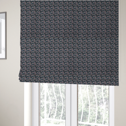 The fabric used to create these Roman blinds is a intricate, swirling floral pattern with a rhythmic, dense repeat that creates a sophisticated tapestry-like effect.