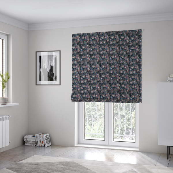 The fabric used to create these Roman blinds is a intricate, swirling floral pattern with a rhythmic, dense repeat that creates a sophisticated tapestry-like effect.