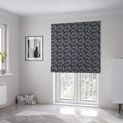 The fabric used to create these Roman blinds is a intricate, swirling floral pattern with a rhythmic, dense repeat that creates a sophisticated tapestry-like effect.