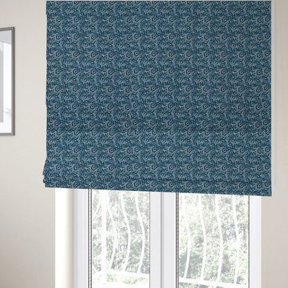 The fabric used to create these Roman blinds is a intricate, monochromatic swirling pattern with a mesmerizing, liquid-like aesthetic.