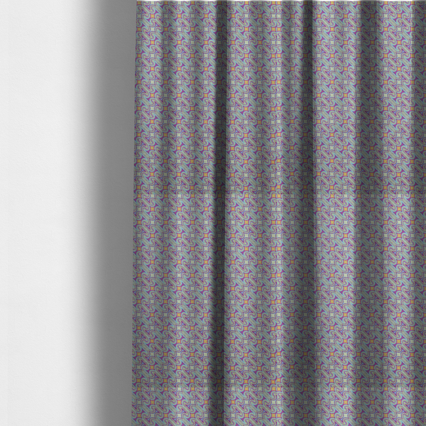 The fabric used to create these made-to-measure curtains is a intricate, geometric optical pattern with a mesmerizing, rhythmic repeat and a soft, textured finish.