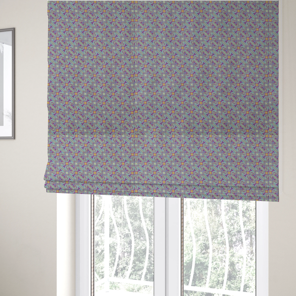 The fabric used to create these Roman blinds is a intricate, geometric optical pattern with a mesmerizing, rhythmic repeat and a soft, textured finish.