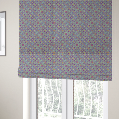 The fabric used to create these Roman blinds is a intricate, geometric optical pattern with a mesmerizing, rhythmic repeat and a soft, textured finish.