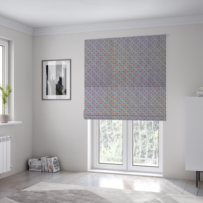 The fabric used to create these Roman blinds is a intricate, geometric optical pattern with a mesmerizing, rhythmic repeat and a soft, textured finish.