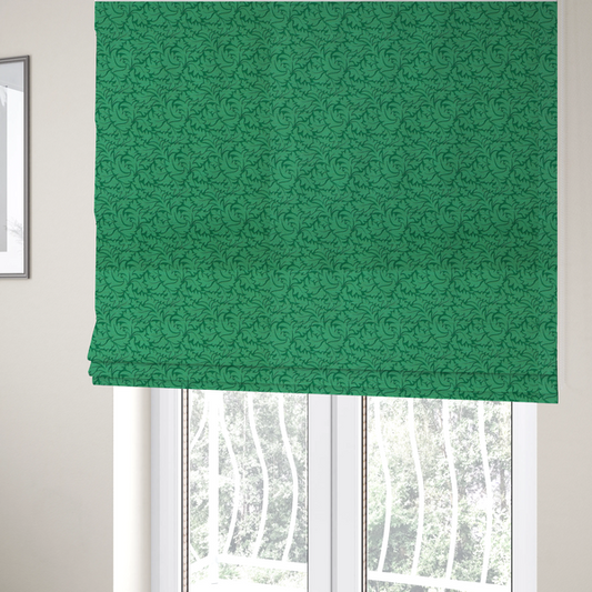 The fabric used to create these Roman blinds is a intricate, monochromatic botanical pattern with a dense, leafy aesthetic.