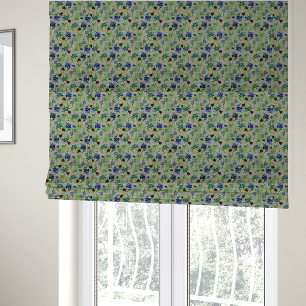 The fabric used to create these Roman blinds is an  abstract botanical and geometric pattern with a layered, multi-dimensional aesthetic.