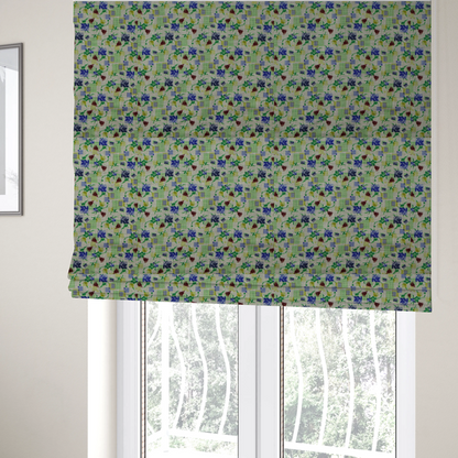 The fabric used to create these Roman blinds is an  abstract botanical and geometric pattern with a layered, multi-dimensional aesthetic.