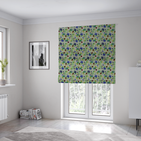 The fabric used to create these Roman blinds is an  abstract botanical and geometric pattern with a layered, multi-dimensional aesthetic.
