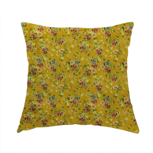 The fabric used to create this handmade cushion is a delicate, vintage-style floral pattern with a warm, sun-drenched aesthetic.