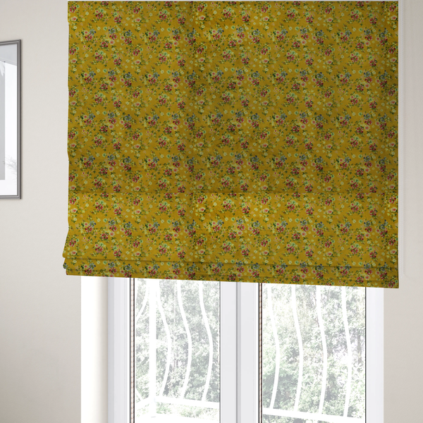 The fabric used to create these Roman blinds is a delicate, vintage-style floral pattern with a warm, sun-drenched aesthetic.