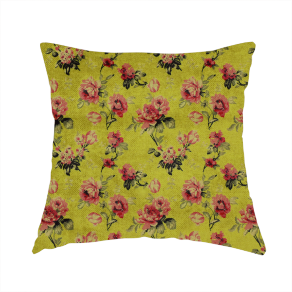 The fabric used to create this handmade cushion is a vintage-inspired floral pattern with a romantic, aged aesthetic.