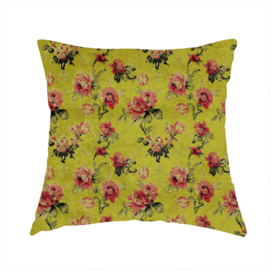 The fabric used to create this handmade cushion is a vintage-inspired floral pattern with a romantic, aged aesthetic.
