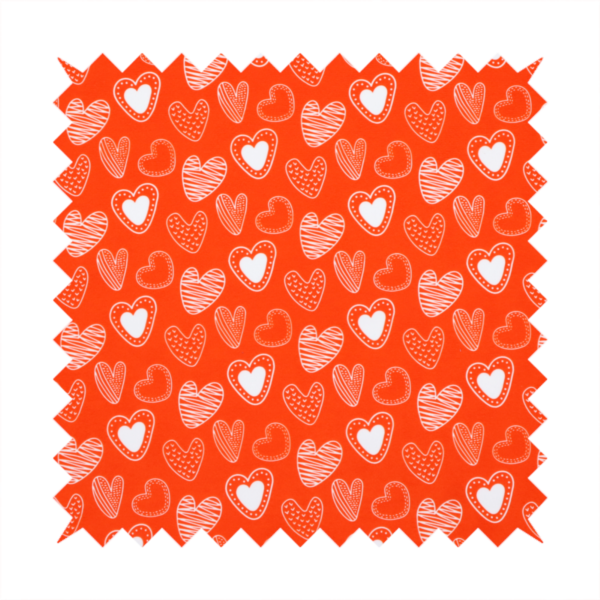 This vibrant red fabric features a playful, repeating pattern of white heart illustrations. The hearts are hand-drawn in several distinct styles, including solid outlines with dotted borders, sketched diagonal stripes, and intricate stippled patterns. These varied heart motifs are scattered across the bright background at different angles, creating a lively and energetic design.