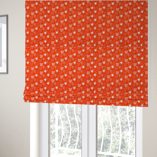 The fabric used for these Roman blinds is a vibrant red fabric features a playful, repeating pattern of white heart illustrations. The hearts are hand-drawn in several distinct styles, including solid outlines with dotted borders, sketched diagonal stripes, and intricate stippled patterns. These varied heart motifs are scattered across the bright background at different angles, creating a lively and energetic design.