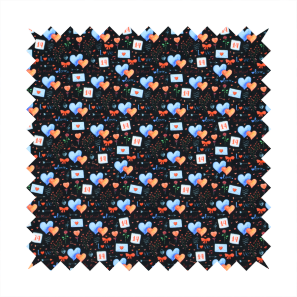 This black fabric features a dense, romantic Valentine’s Day theme with a repeating pattern of watercolour-style motifs. The design includes blue and red hearts, small sealed envelopes, red bows, and calendar pages marked with the number "14". 