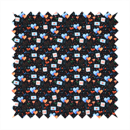 This black fabric features a dense, romantic Valentine’s Day theme with a repeating pattern of watercolour-style motifs. The design includes blue and red hearts, small sealed envelopes, red bows, and calendar pages marked with the number "14". 