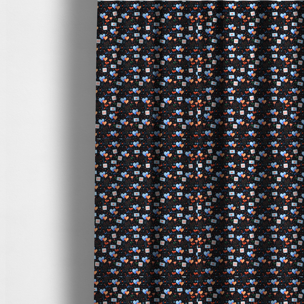 The fabric used to create these made-to-measure curtains is a black fabric. Features a dense, romantic Valentine’s Day theme with a repeating pattern of watercolour-style motifs. The design includes blue and red hearts, small sealed envelopes, red bows, and calendar pages marked with the number "14". 