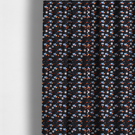 The fabric used to create these made-to-measure curtains is a black fabric. Features a dense, romantic Valentine’s Day theme with a repeating pattern of watercolour-style motifs. The design includes blue and red hearts, small sealed envelopes, red bows, and calendar pages marked with the number "14". 