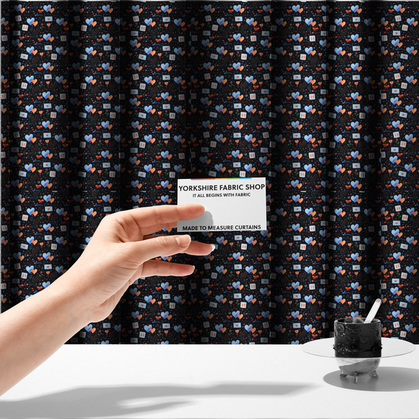 The fabric used to create these made-to-measure curtains is a black fabric. Features a dense, romantic Valentine’s Day theme with a repeating pattern of watercolour-style motifs. The design includes blue and red hearts, small sealed envelopes, red bows, and calendar pages marked with the number "14". 