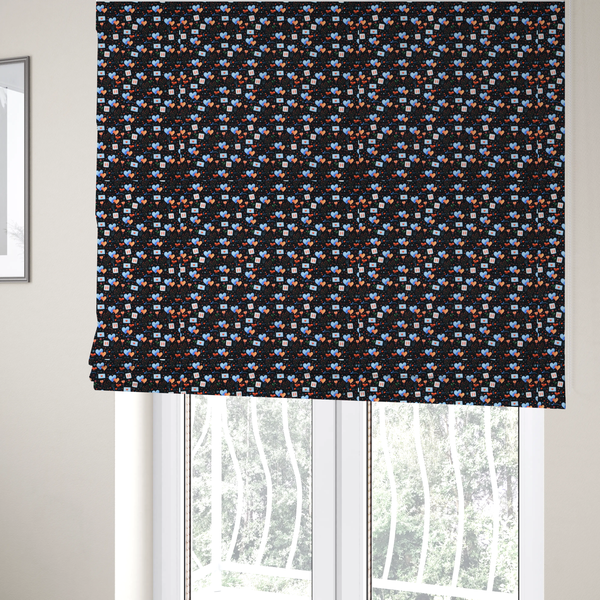 The fabric used to create these Roman blinds is a black fabric, features a dense, romantic Valentine’s Day theme with a repeating pattern of watercolour-style motifs. The design includes blue and red hearts, small sealed envelopes, red bows, and calendar pages marked with the number "14". 