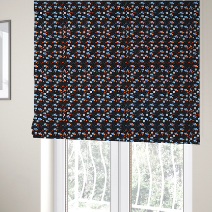 The fabric used to create these Roman blinds is a black fabric, features a dense, romantic Valentine’s Day theme with a repeating pattern of watercolour-style motifs. The design includes blue and red hearts, small sealed envelopes, red bows, and calendar pages marked with the number "14". 