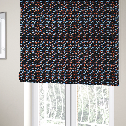 The fabric used to create these Roman blinds is a black fabric, features a dense, romantic Valentine’s Day theme with a repeating pattern of watercolour-style motifs. The design includes blue and red hearts, small sealed envelopes, red bows, and calendar pages marked with the number "14". 