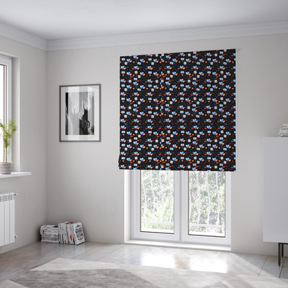 The fabric used to create these Roman blinds is a black fabric, features a dense, romantic Valentine’s Day theme with a repeating pattern of watercolour-style motifs. The design includes blue and red hearts, small sealed envelopes, red bows, and calendar pages marked with the number "14". 