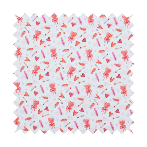 This white fabric features a light, whimsical Valentine’s Day pattern with watercolour elements scattered across a pale background. The design includes pink heart-shaped balloons tied with bows, soft pink feathers, and various small arrows and hearts. Faint, dreamy cloud-like textures in pink and blue are visible in the background, adding to the soft, airy aesthetic.