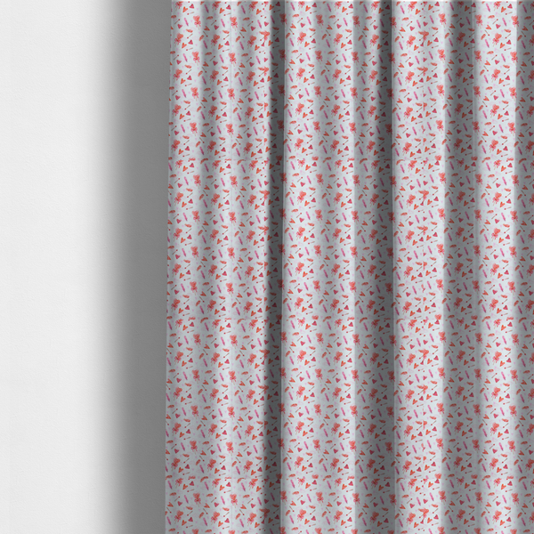 The fabric used to create these made-to-measure curtains is a white fabric featuring a light, whimsical Valentine’s Day pattern with watercolour elements scattered across a pale background. The design includes pink heart-shaped balloons tied with bows, soft pink feathers, and various small arrows and hearts. Faint, dreamy cloud-like textures in pink and blue are visible in the background, adding to the soft, airy aesthetic.