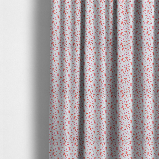 The fabric used to create these made-to-measure curtains is a white fabric featuring a light, whimsical Valentine’s Day pattern with watercolour elements scattered across a pale background. The design includes pink heart-shaped balloons tied with bows, soft pink feathers, and various small arrows and hearts. Faint, dreamy cloud-like textures in pink and blue are visible in the background, adding to the soft, airy aesthetic.